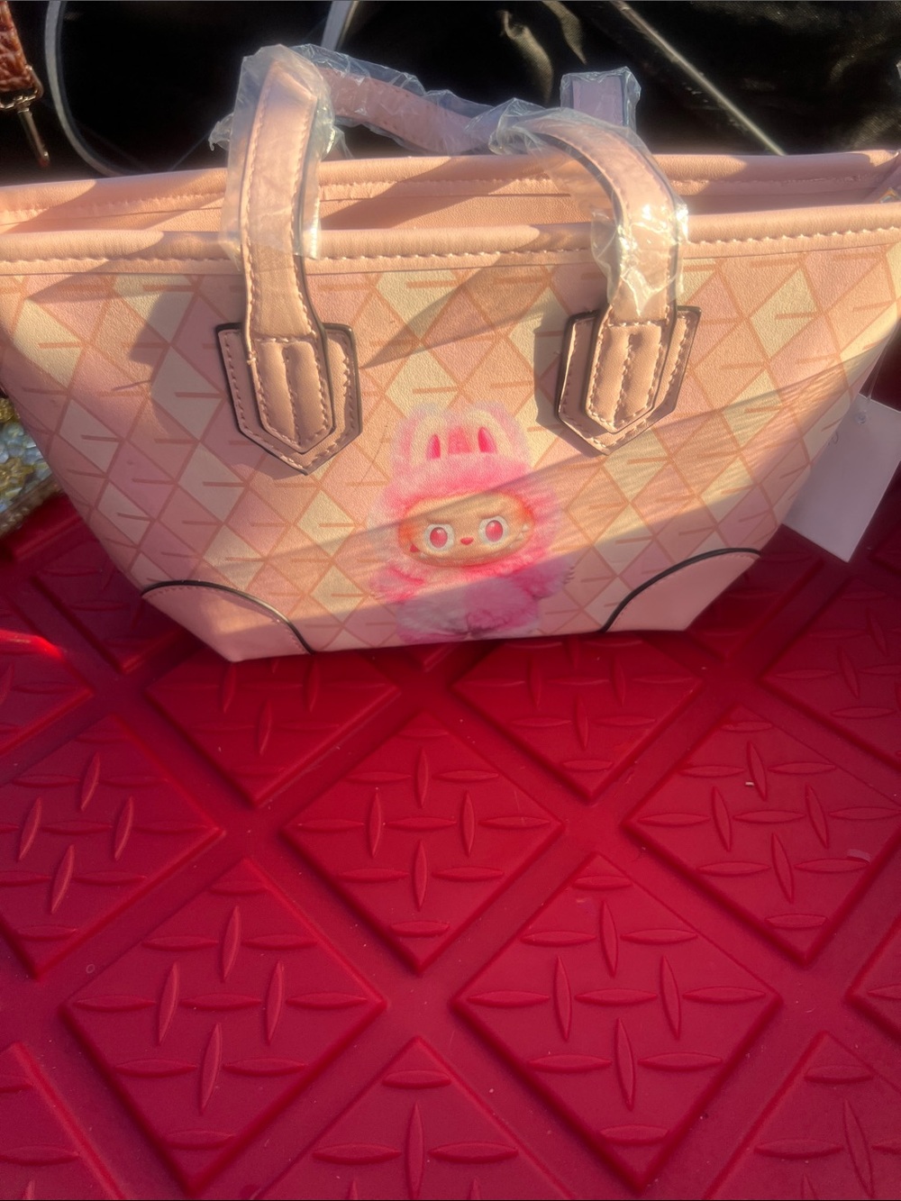 Cute Pink Geometric Tote Bag with Character Accent